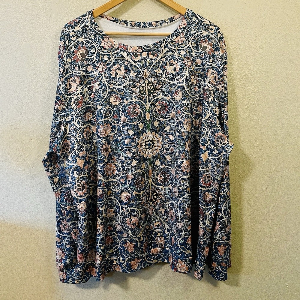 Women's Floral Long Sleeve Tee Super Soft Teal Brown Whimsy‎ Cottage Plus Sz 4X